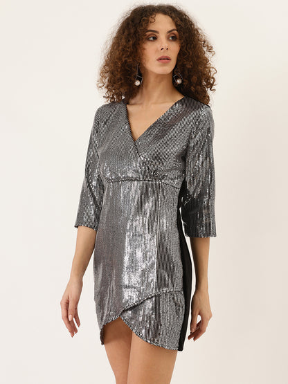 Silver Sequin Wrap Mini Dress for Women | Shimmer Party Dress with V-Neck