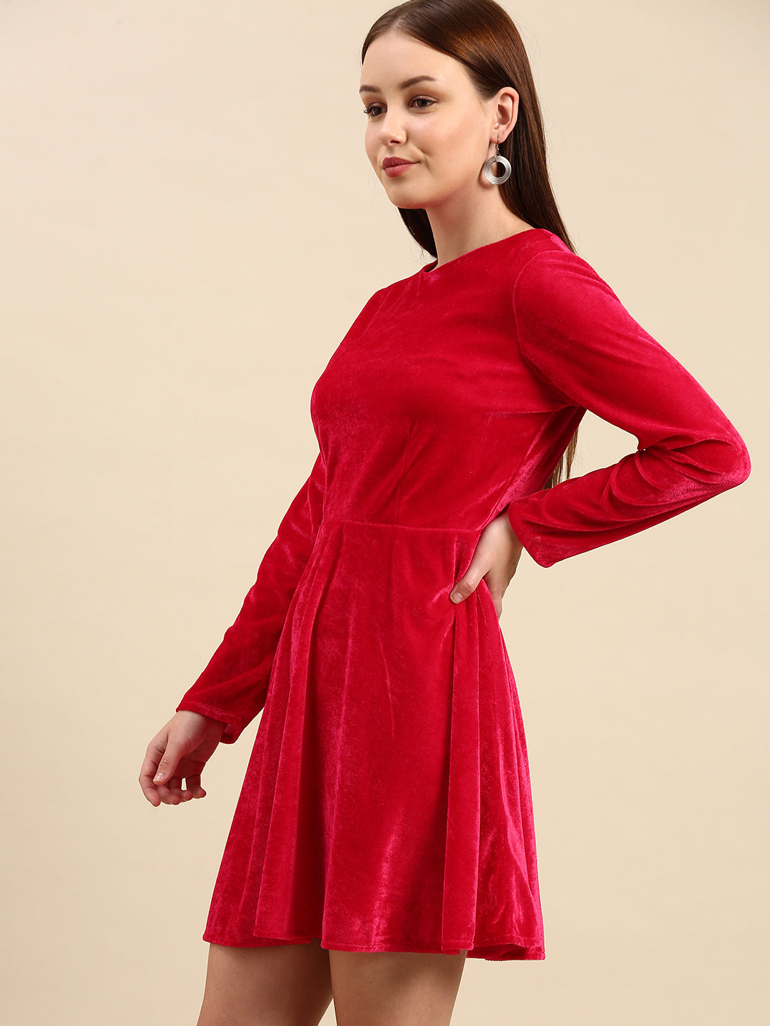 Red Velvet Skater Dress - Long Sleeve, Soft & Elegant