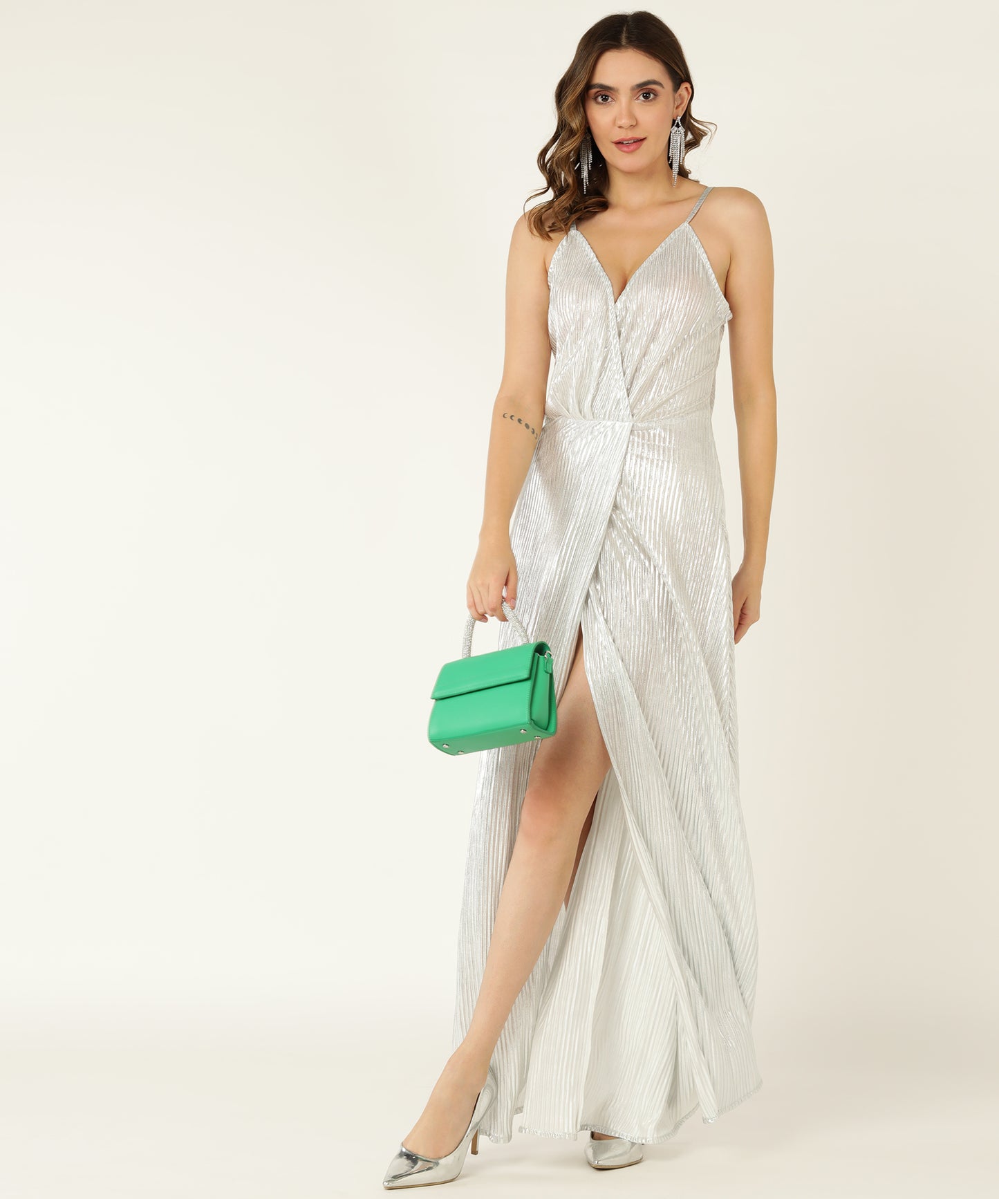 Silver Metallic Pleated Maxi Gown for Women with Spaghetti Straps