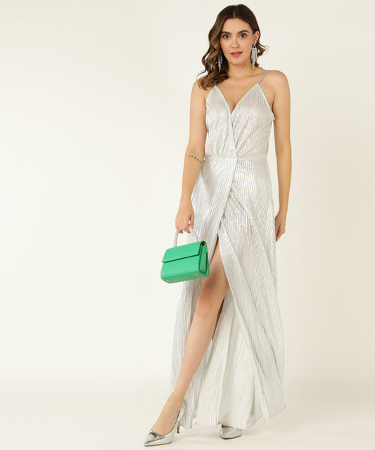 Silver Metallic Pleated Maxi Gown for Women with Spaghetti Straps