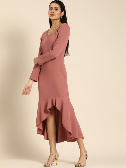Pink High-Low Bodycon Dress with Ruffle Hem