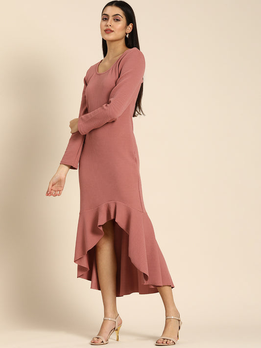 Pink High-Low Bodycon Dress with Ruffle Hem