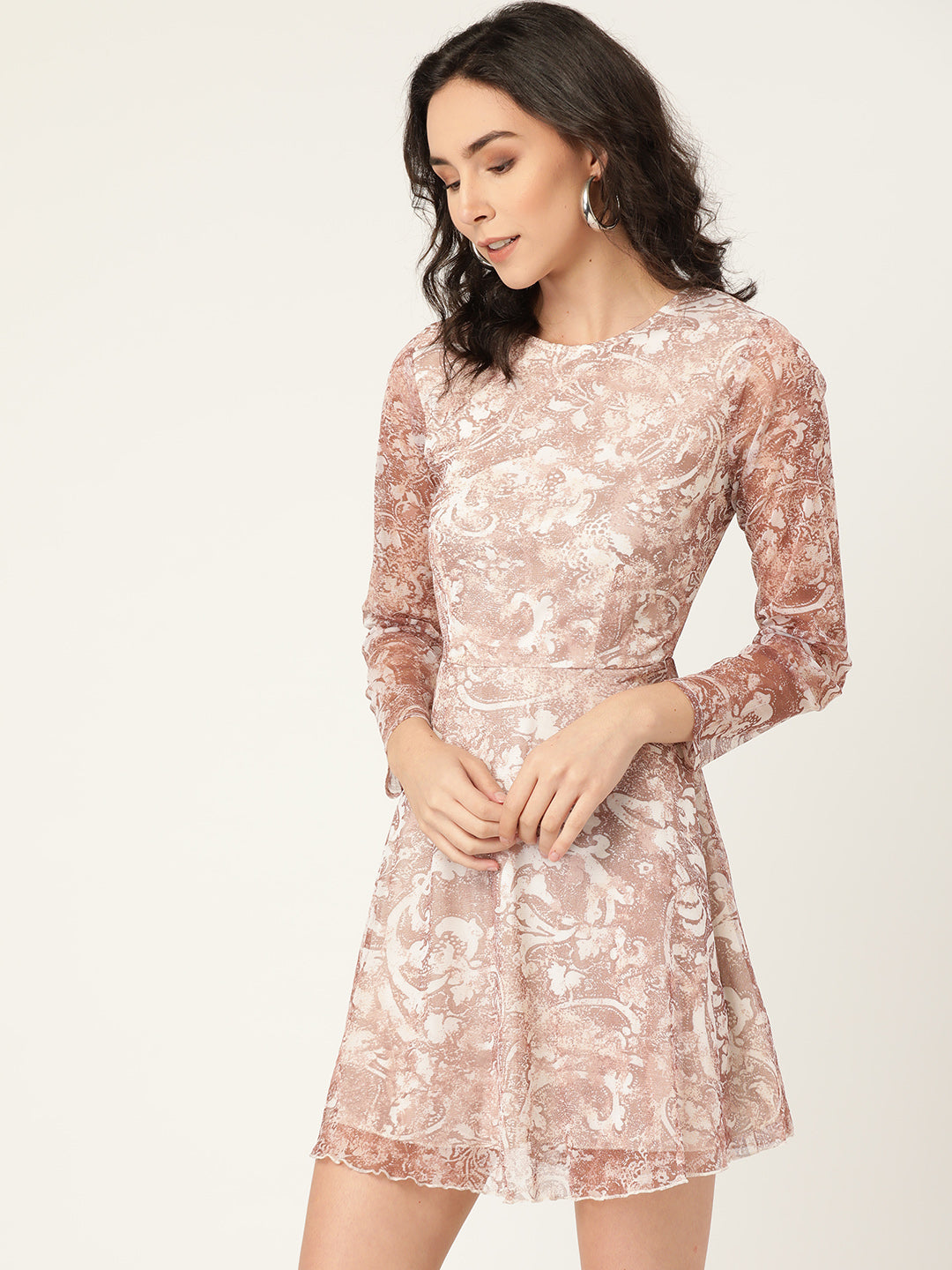 Elegant Pink Floral Mesh A-Line Mini Dress for Women – Long Sleeve Party Wear