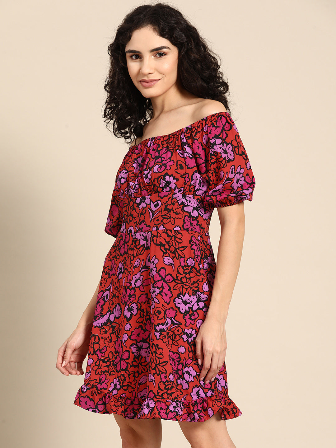 Floral Off-Shoulder Mini Dress with Puff Sleeves