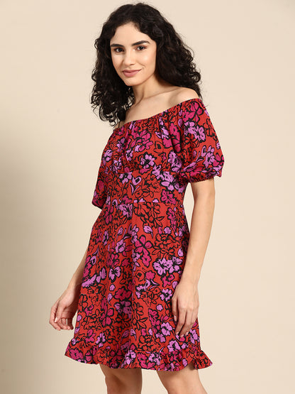 Floral Off-Shoulder Mini Dress with Puff Sleeves