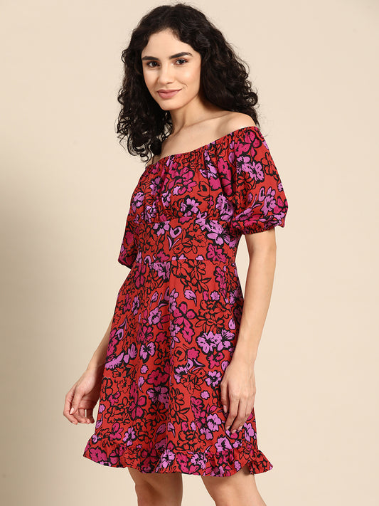 Floral Off-Shoulder Mini Dress with Puff Sleeves
