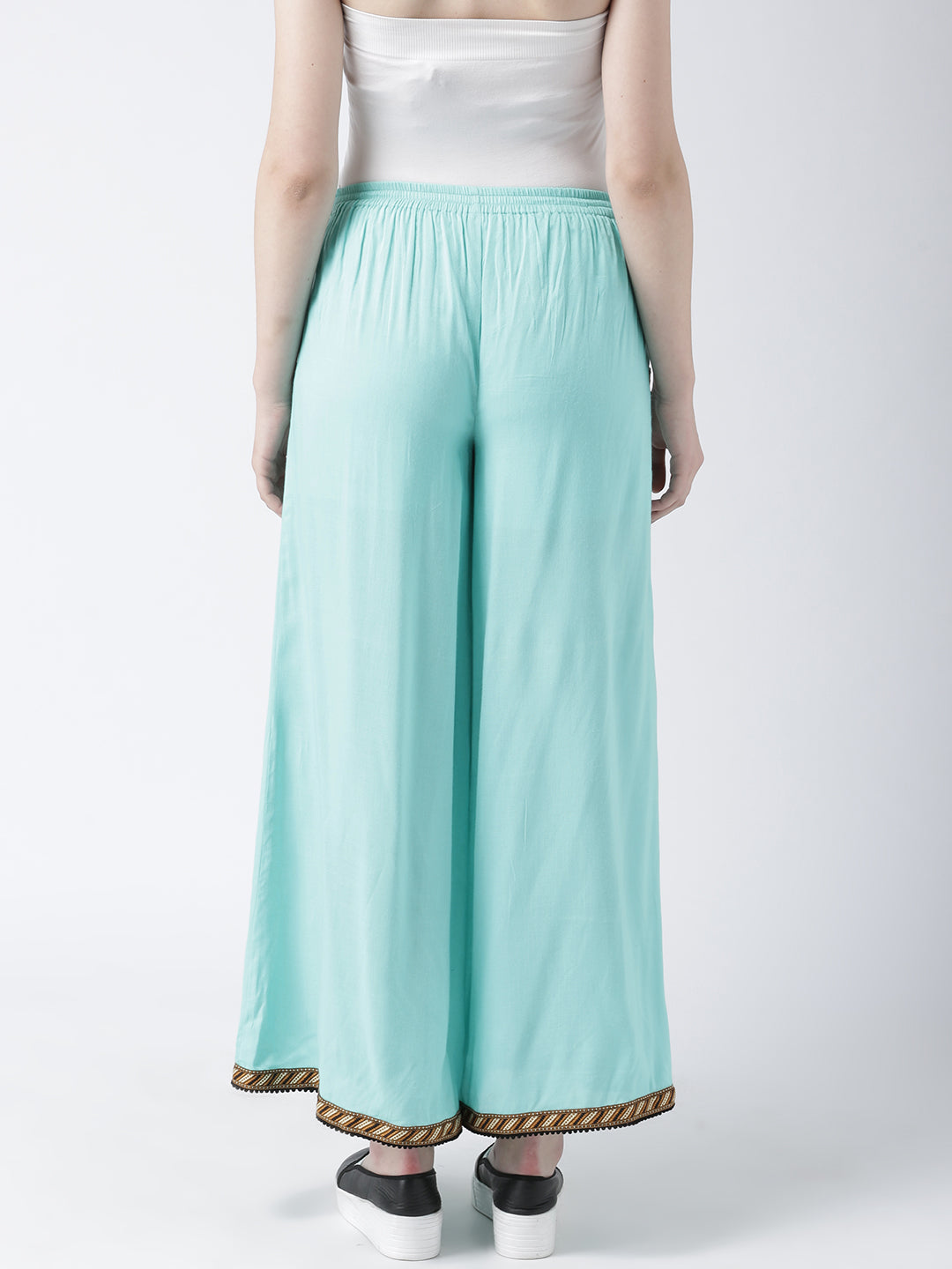 Women's Sky Blue Palazzo Pants with Drawstring Waist and Ethnic Trim