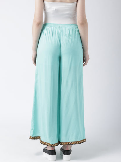 Women's Sky Blue Palazzo Pants with Drawstring Waist and Ethnic Trim