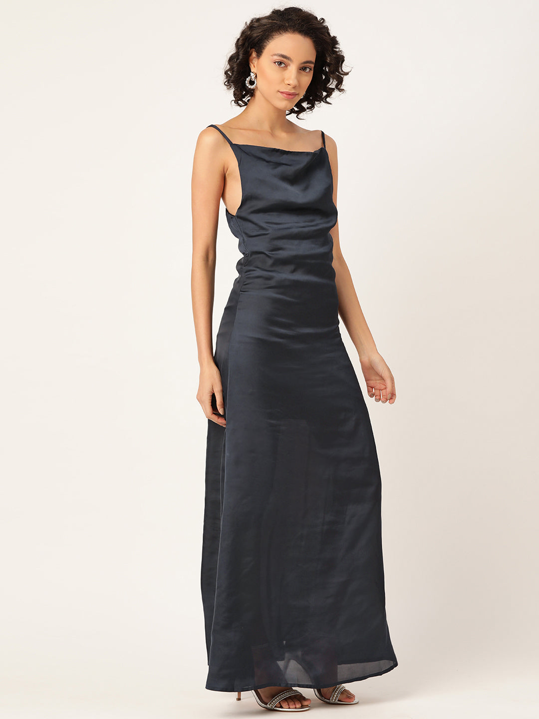 Elegant Black Satin Maxi Dress with Spaghetti Straps for Women