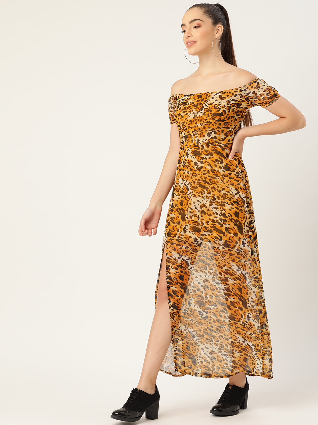 Off-Shoulder Leopard Print Maxi Dress with Front Slit