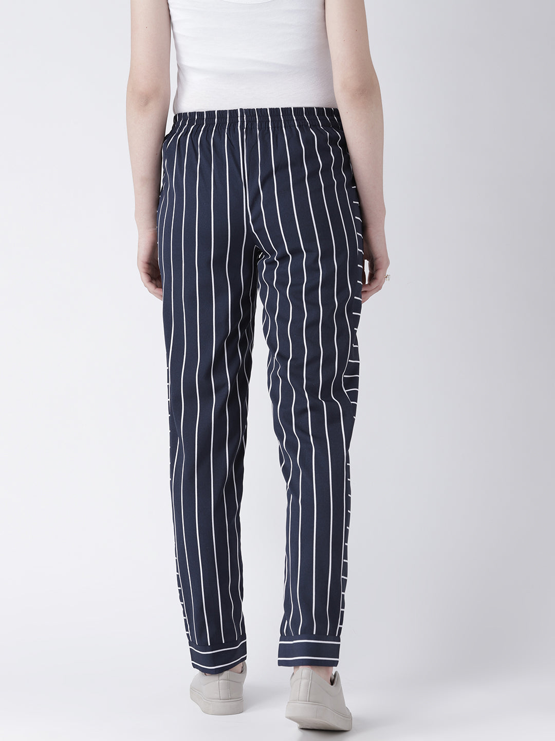 Women's Navy Blue Vertical Striped Pants – Slim Fit Casual Trousers with Pockets