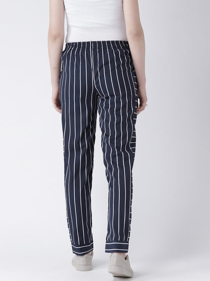 Women's Navy Blue Vertical Striped Pants – Slim Fit Casual Trousers with Pockets