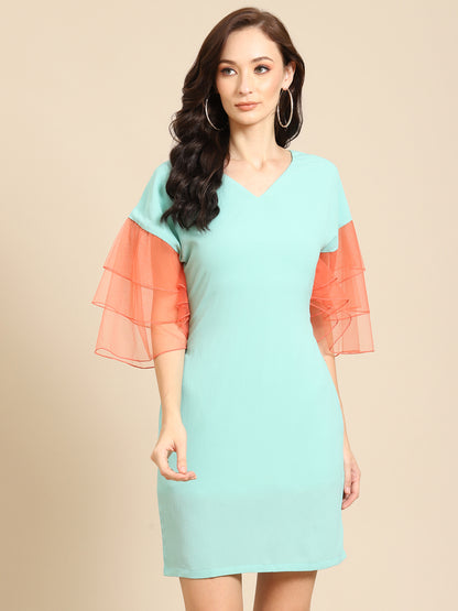 Mint Green Mini Dress with Orange Organza Ruffle Sleeves – Trendy Casual & Party Wear for Women