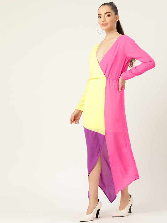 Women Color Block Maxi Dress with Deep V Neck and Front Slit