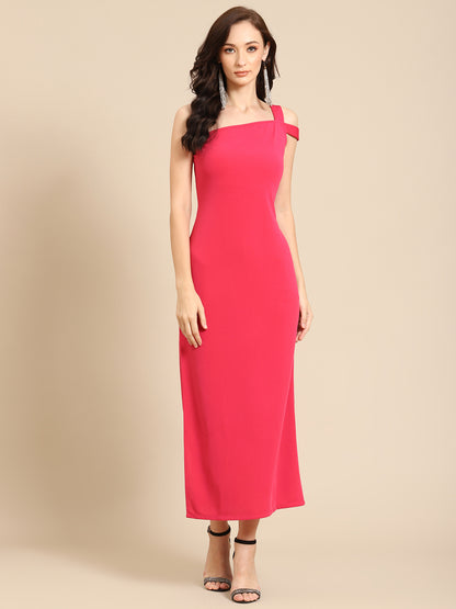 Stylish Pink Bodycon Midi Dress with Shoulder Straps – Elegant Evening & Party Wear