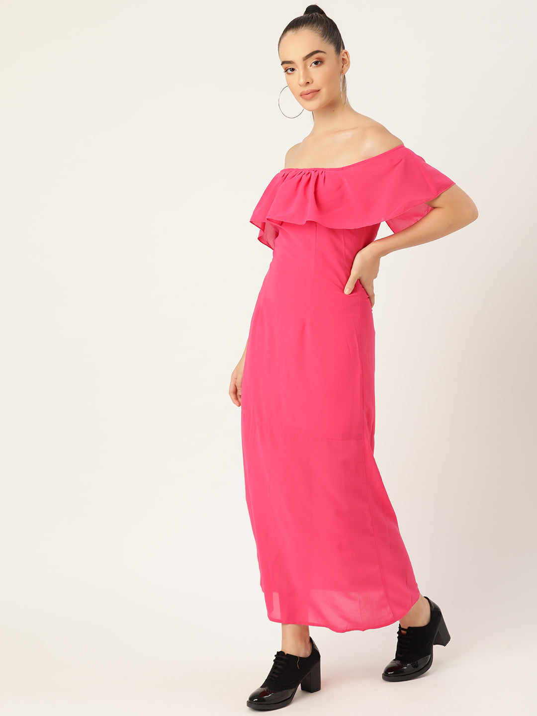 Women Pink Off Shoulder Ruffle Maxi Dress