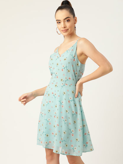 Blue Floral Print Spaghetti Strap A-Line Dress