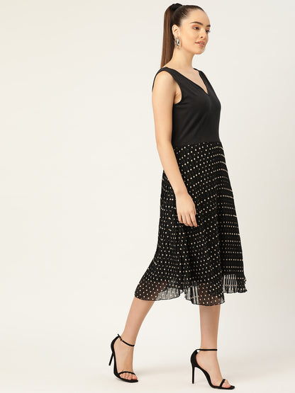 Sleeveless Black Polka Dot Pleated Midi Dress for Women