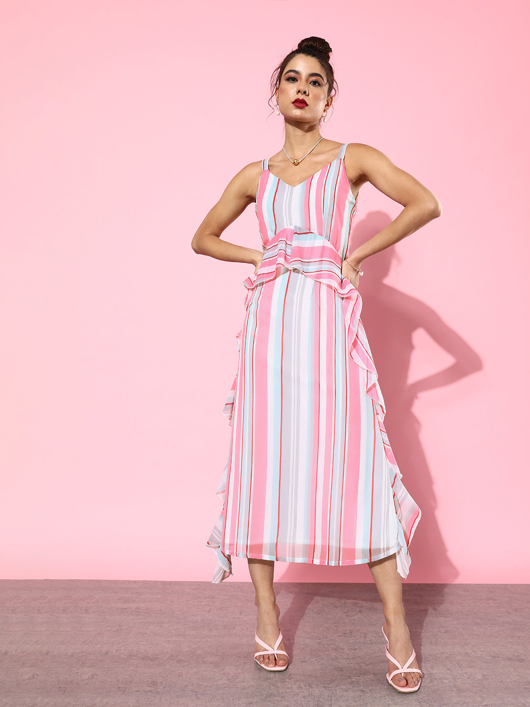 Women's Pink Striped Ruffle Maxi Dress Sleeveless Layered Summer Dress with V-Neck
