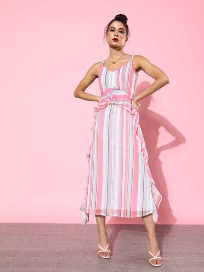 Women's Pink Striped Ruffle Maxi Dress Sleeveless Layered Summer Dress with V-Neck