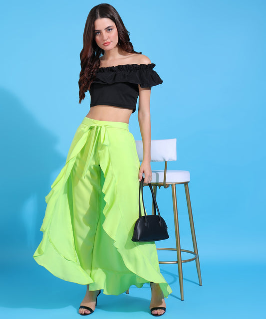 Green Ruffle-Detail Palazzo Pants with Tie Waist for Women