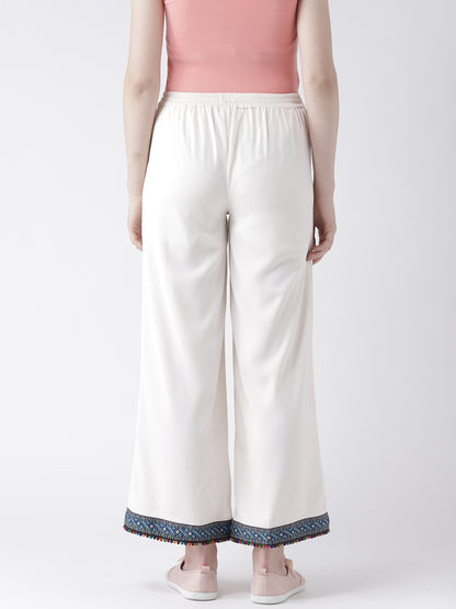 Women's White Wide-Leg Trousers with Embroidered Hem – Casual Ethnic Cotton Pants