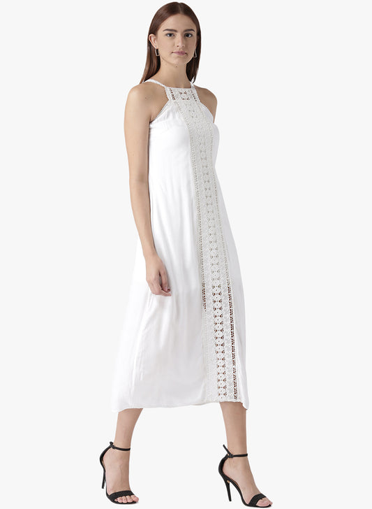 Women's White Halter Neck Midi Dress with Front Lace Panel