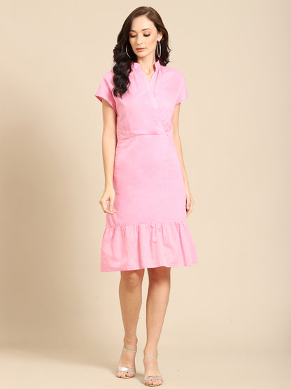 Elegant Pink Casual Midi Dress with Ruffle Hem for Women