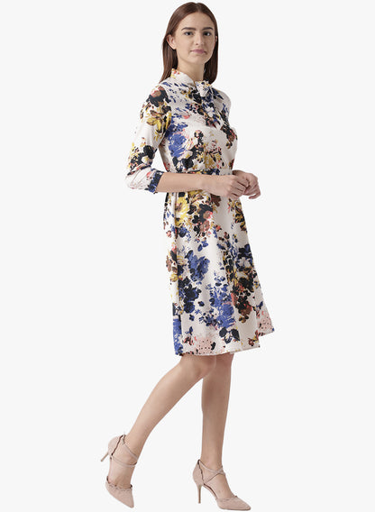 Women's Floral Fit and Flare Dress with Bow Tie Neck and 3/4 Sleeves