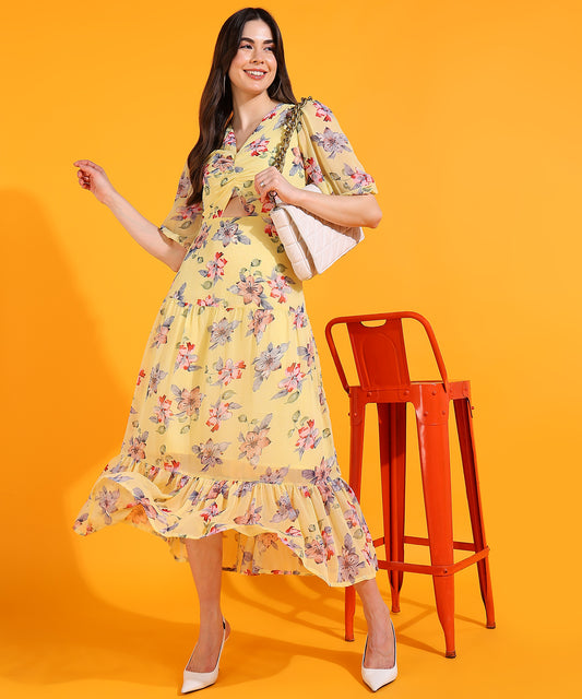 Yellow Floral Cut-Out Midi Dress with Puff Sleeves – Trendy Summer Dress for Women