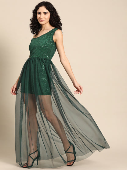 Emerald Green One-Shoulder Sequin Mesh Overlay Party Dress
