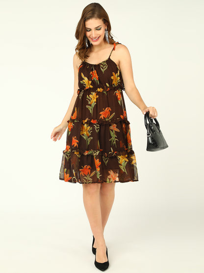 Women's Brown Floral Print Sleeveless Ruffle Hem Midi Dress