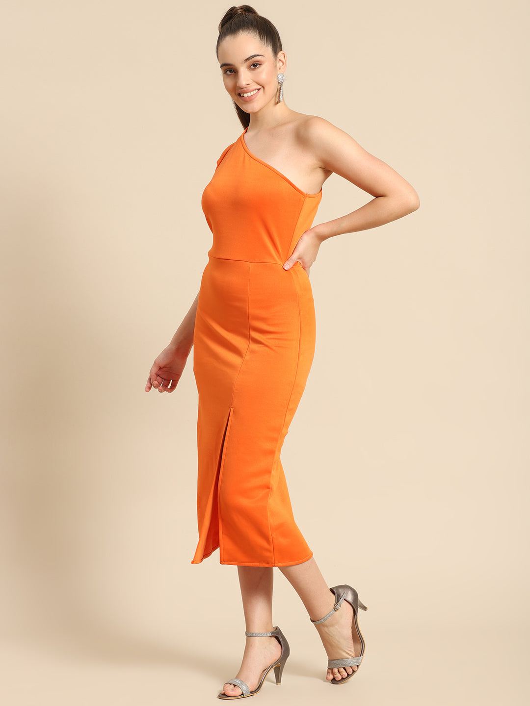 Bold Orange One-Shoulder Midi Dress for Women – Elegant Slit Bodycon for Parties & Events
