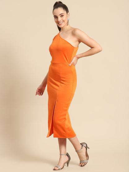 Bold Orange One-Shoulder Midi Dress for Women – Elegant Slit Bodycon for Parties & Events