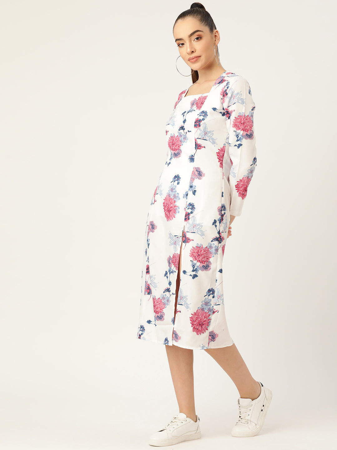 Elegant White Floral Midi Dress for Women with Front Slit – Long Sleeve Casual Chic Outfit