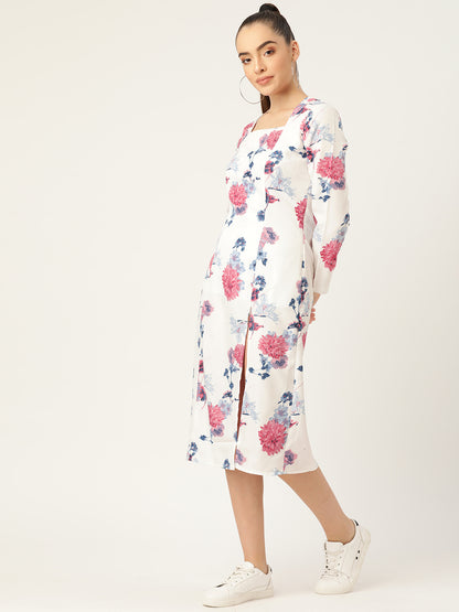 Elegant White Floral Midi Dress for Women with Front Slit – Long Sleeve Casual Chic Outfit