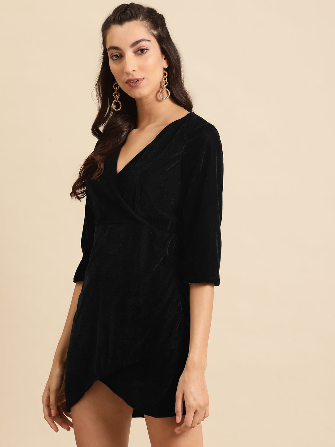 Black Velvet Bodycon Mini Dress with Wrap Detail