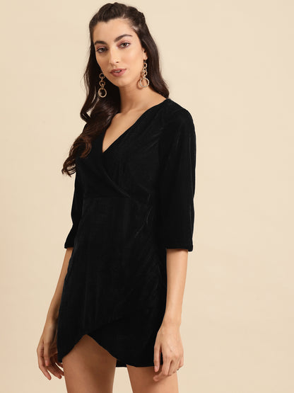 Black Velvet Bodycon Mini Dress with Wrap Detail