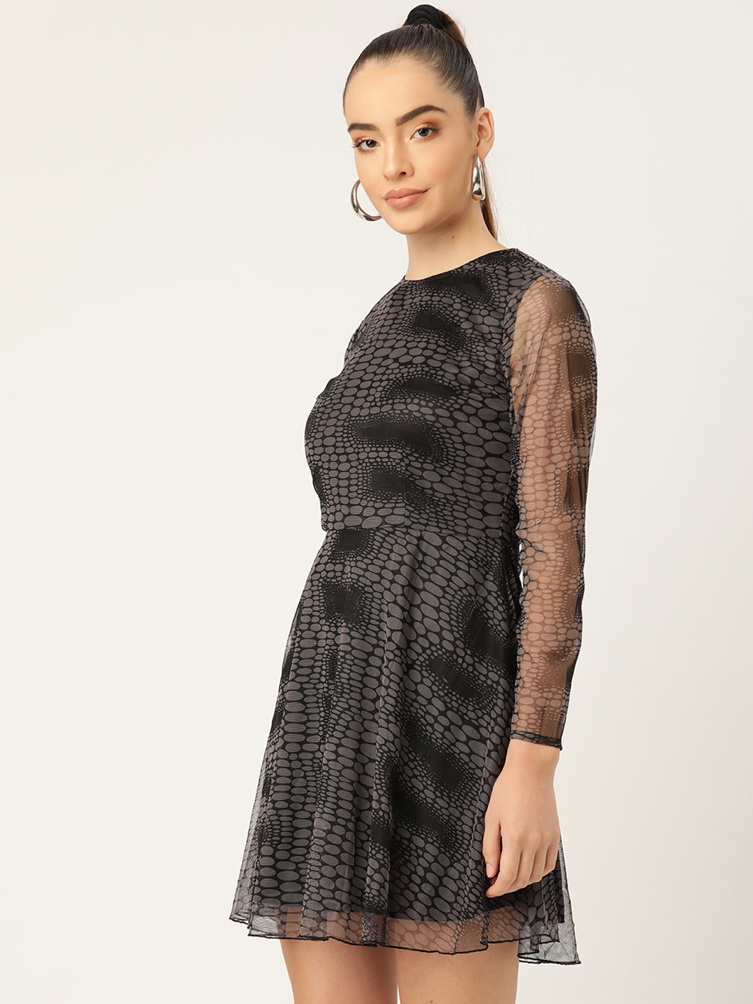 Chic Black Mesh Fit & Flare Mini Dress for Women – Long Sleeve Party & Evening Wear
