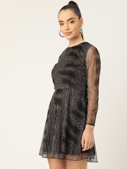 Chic Black Mesh Fit & Flare Mini Dress for Women – Long Sleeve Party & Evening Wear