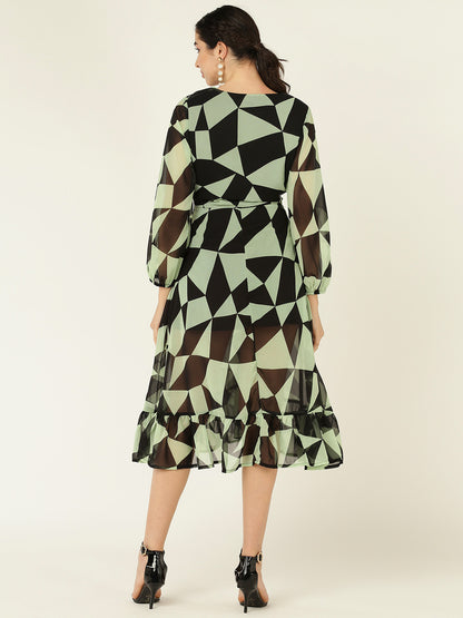 Geometric Print V-Neck Midi Dress with Ruffle Hem & Sheer Sleeves