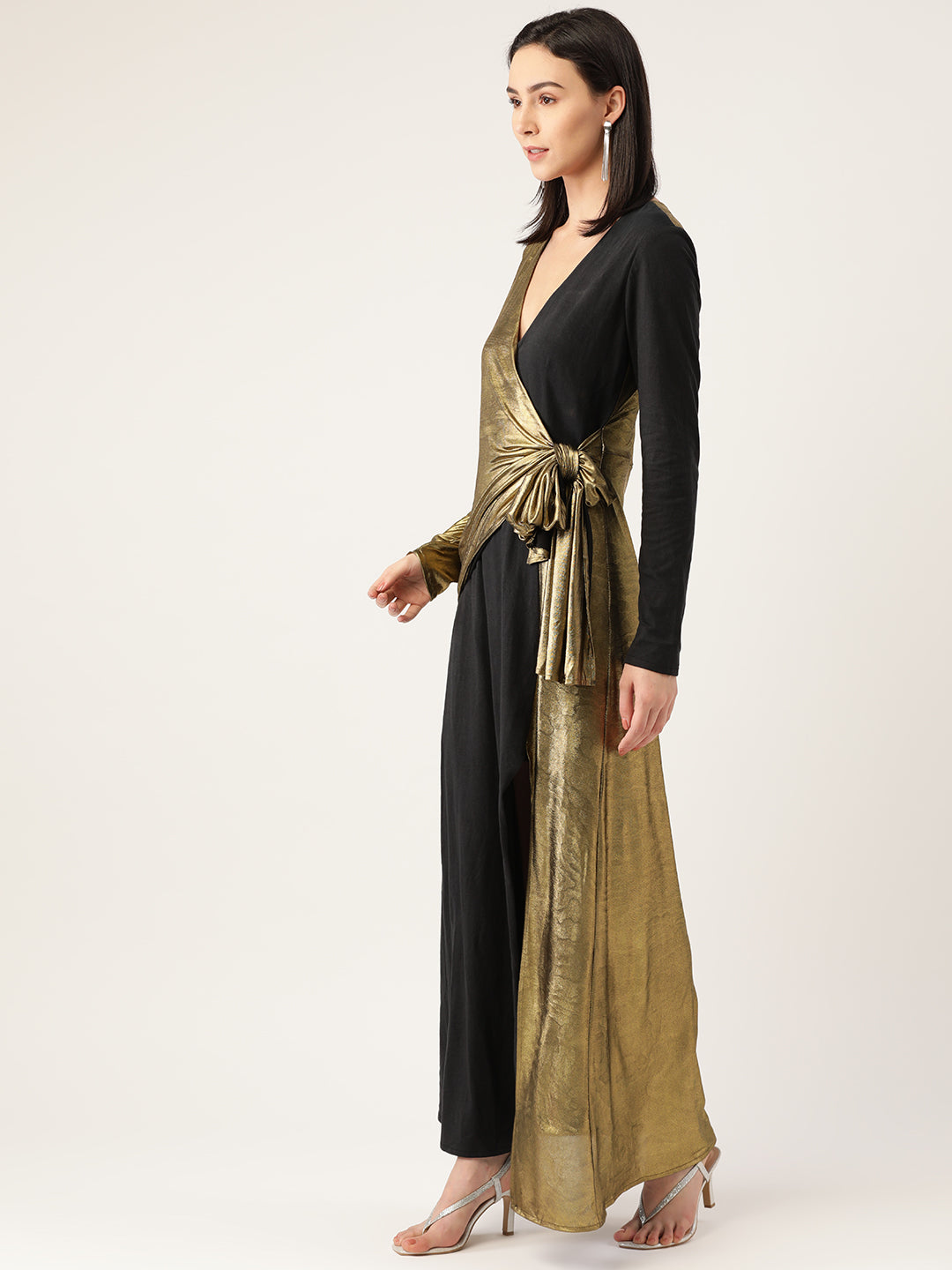 Women's Black and Gold Wrap Maxi Dress | Elegant Party Wear Gown