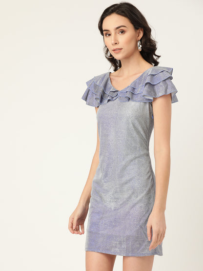 Women Silver Shimmer Mini Dress with Layered Ruffle Neckline