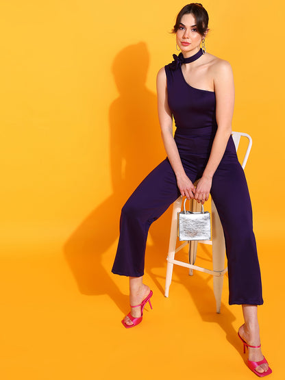 Elegant Purple One-Shoulder Jumpsuit with Bow Detail – Stylish & Modern Look