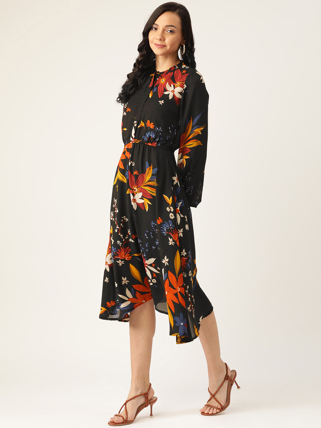 Women's Black Floral Midi Dress with Long Sleeves and Fit-and-Flare Design