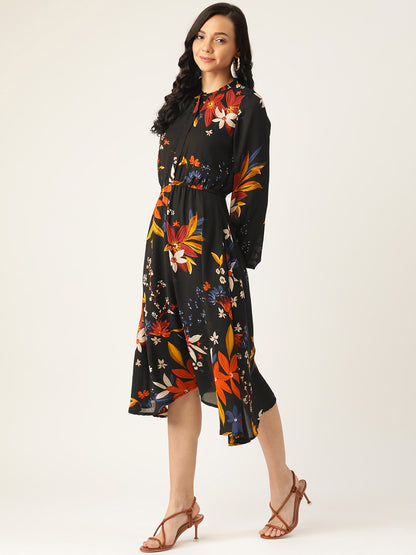 Women's Black Floral Midi Dress with Long Sleeves and Fit-and-Flare Design