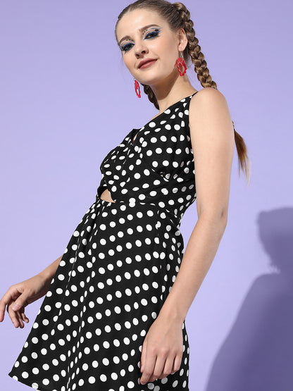 Black & White Polka Dot Cut-Out Dress Sleeveless V Neck Mini Dress