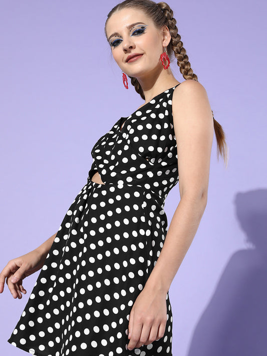 Black & White Polka Dot Cut-Out Dress Sleeveless V Neck Mini Dress