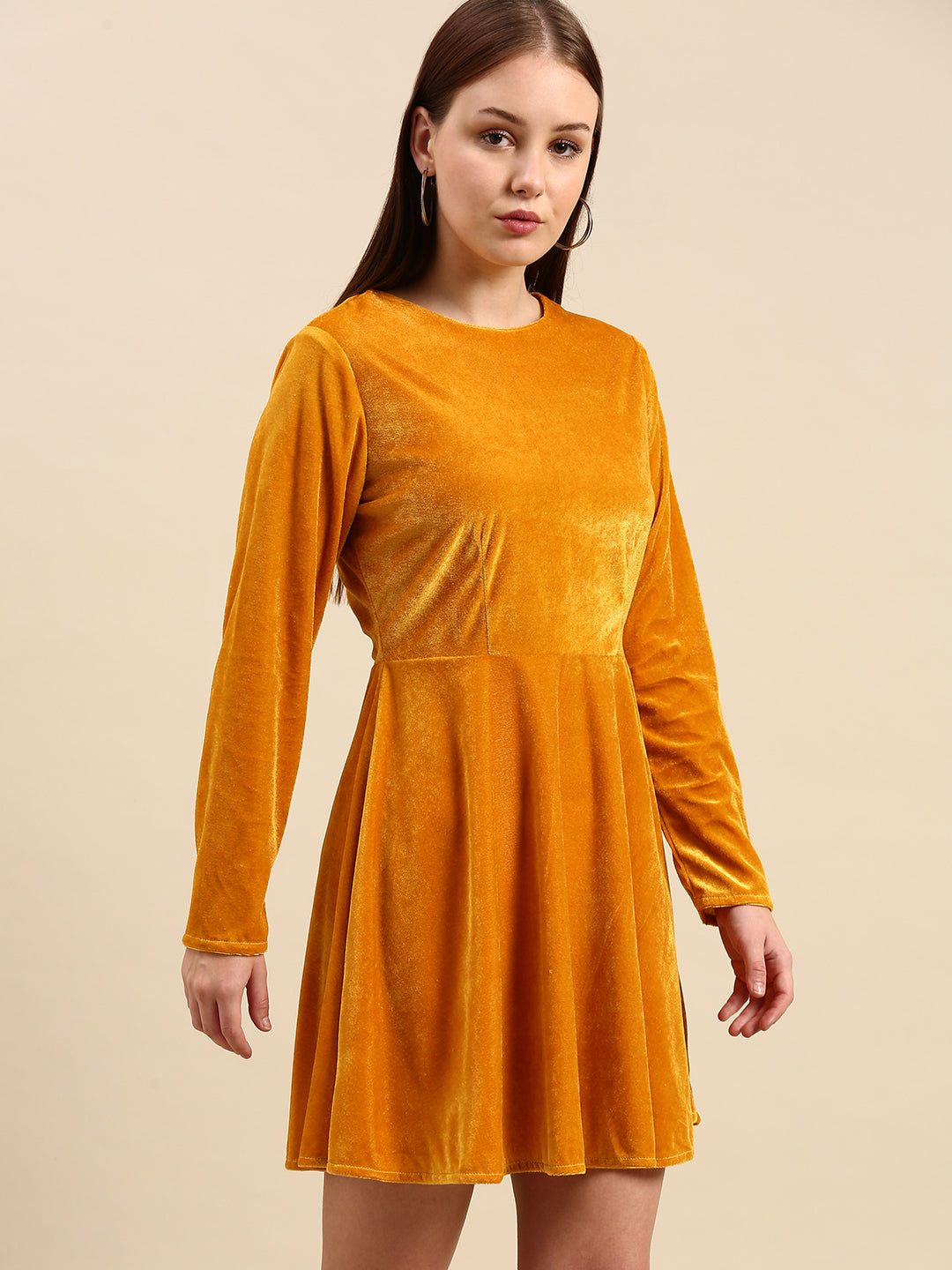 Golden Velvet Skater Dress - Long Sleeve, Soft & Stylish