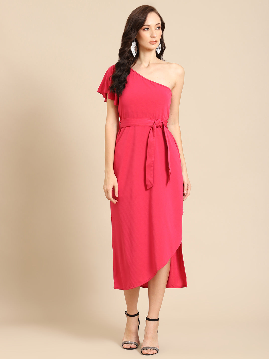 Elegant One-Shoulder Pink Midi Dress with Waist Tie – Perfect for Parties & Events